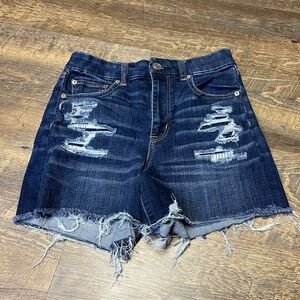 American Eagle Next Level Stretch Curvy Hi Rise Shortie Jean Shorts Sz 4 Distres